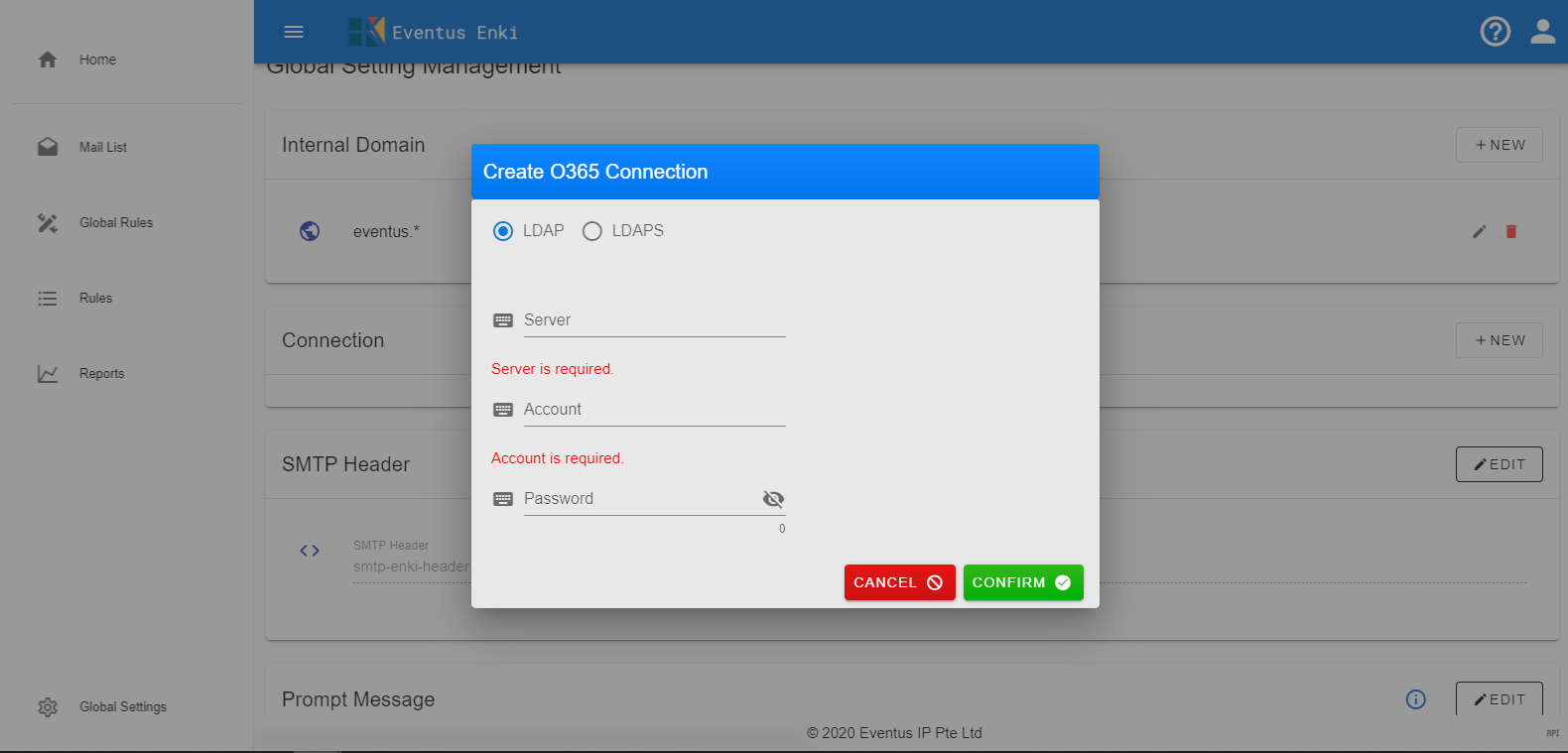 Enki Admin Portal Global Setting Connection Create