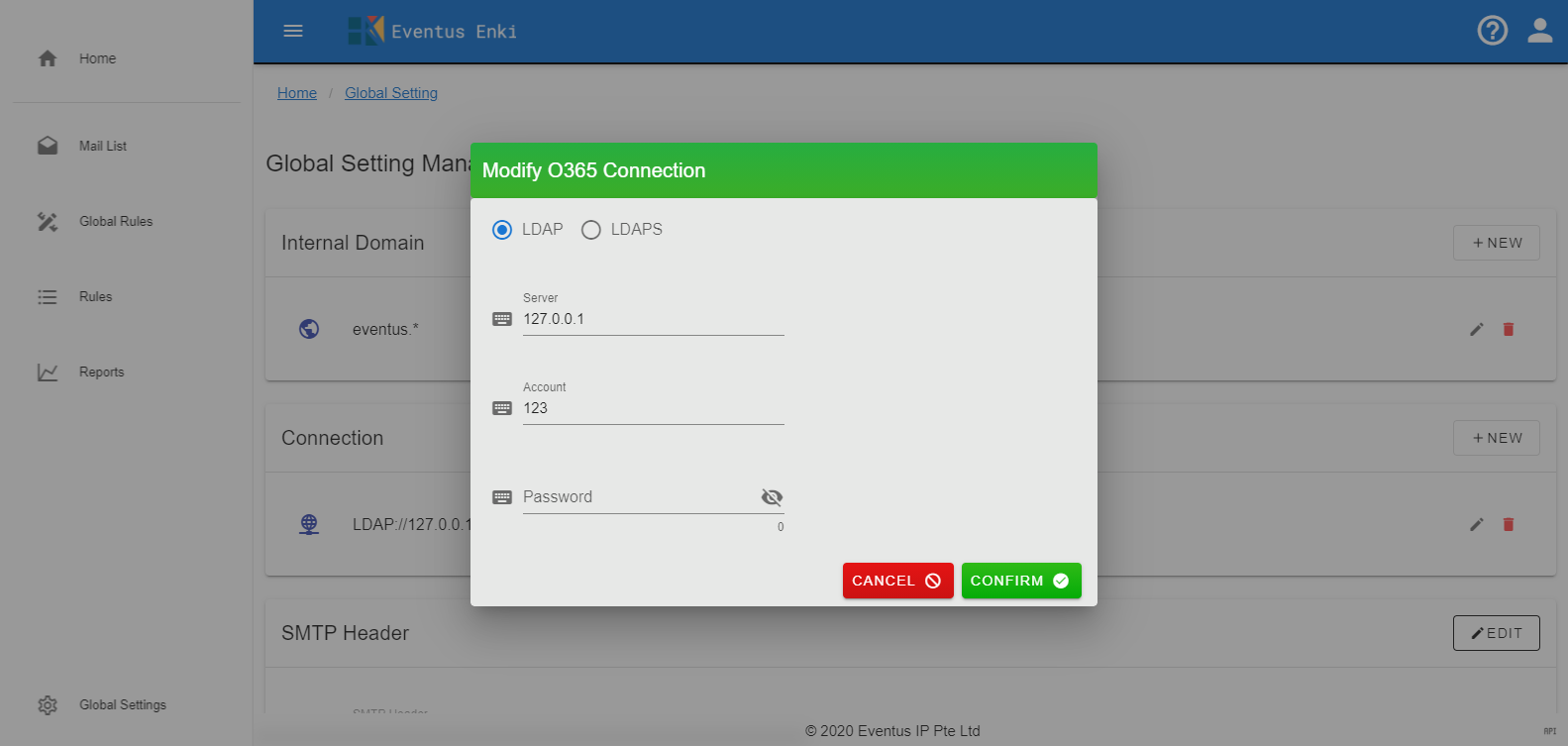 Enki Admin Portal Global Setting Connection Modify