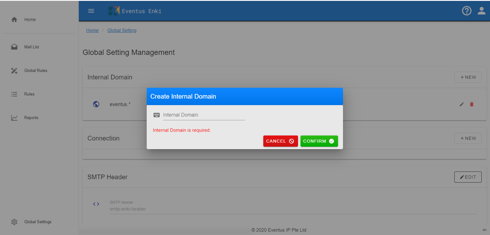 Enki Admin Portal Global Setting Internal Domain Create