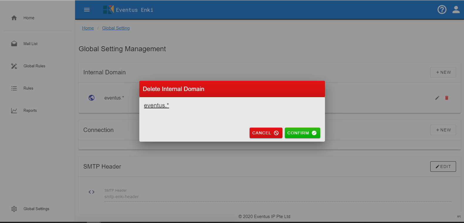 Enki Admin Portal Global Setting Internal Domain Delete