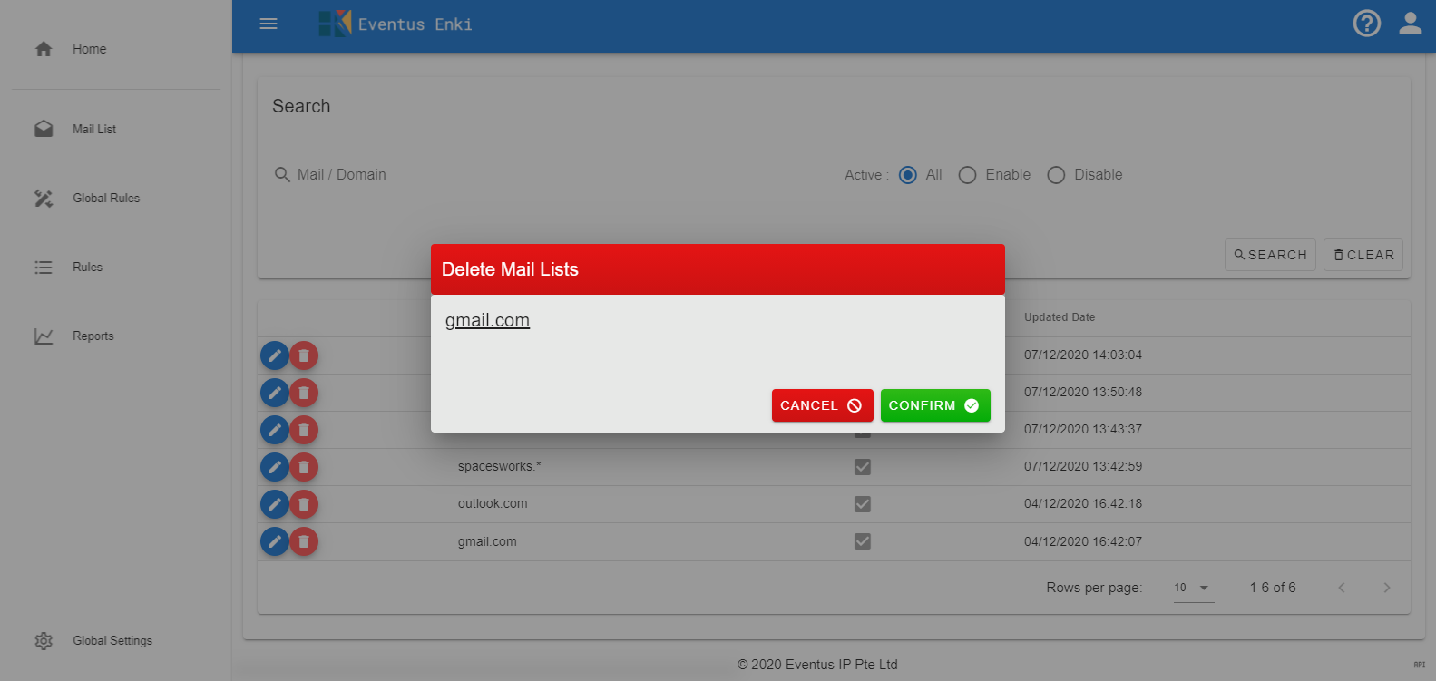 Enki Admin Portal Mail Lists Delete