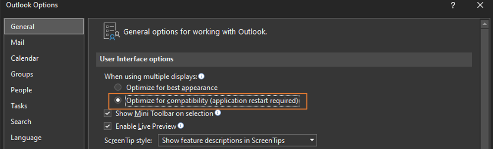 Outlook Options for User Interface