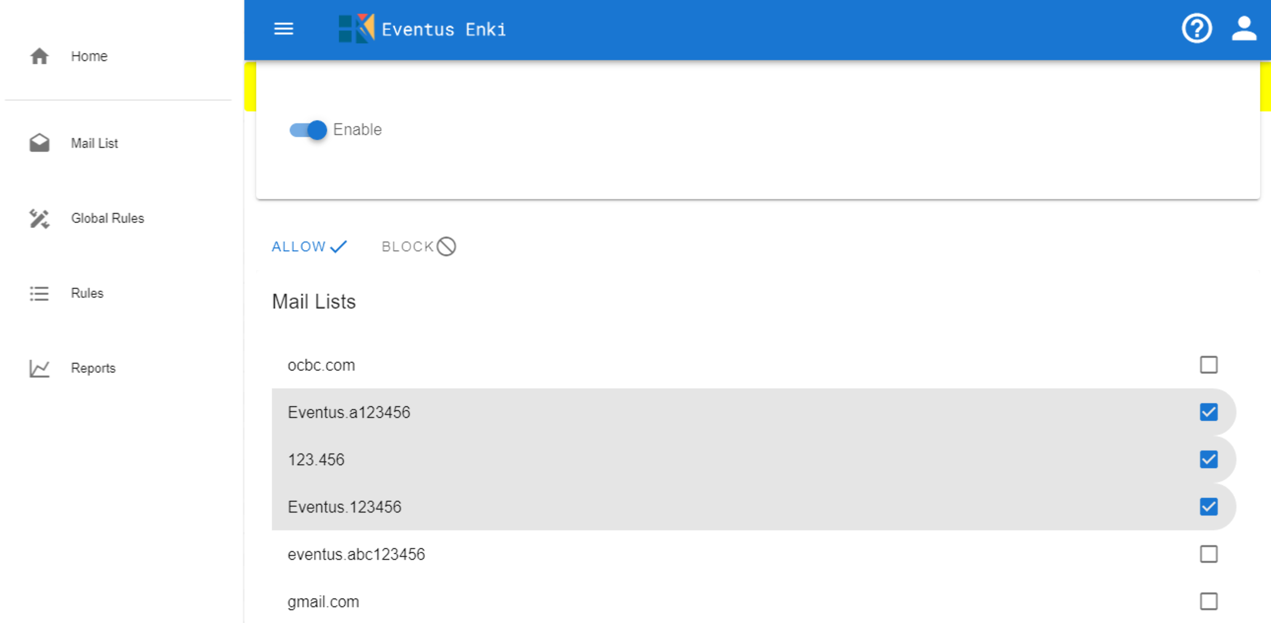 Enki Rules to control allow/blocked email domains