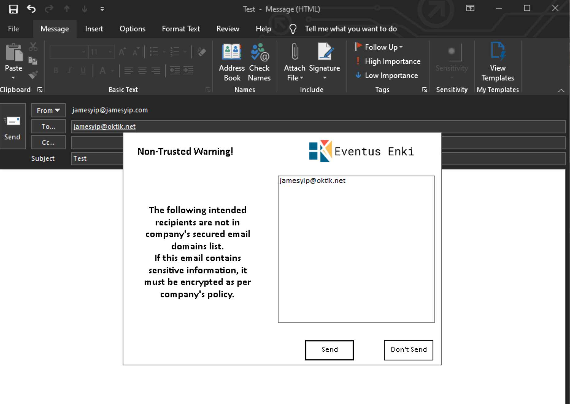 Enki Visual Warning for Email to non-trusted domains